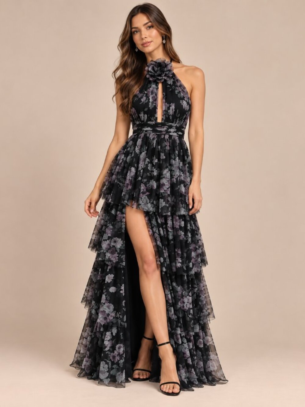 157- Black Floral Mesh Halter Tiered Maxi Dress with Slit